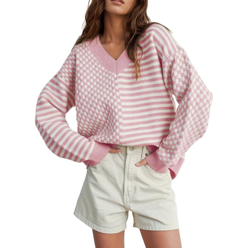 Women's Light Pink Striped Checkered V Neck Casual Knit Trendy Pullover Sweaters